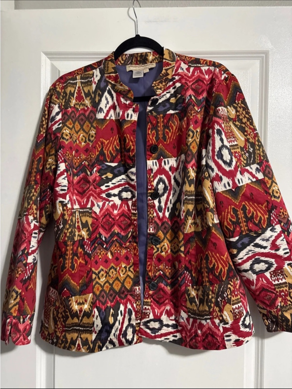 Norm Thompson Red Multi Ethnic Print Button-Front Jacket